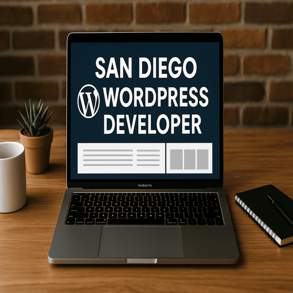 Laptop screen displaying "San Diego WordPress Developer" with workspace background