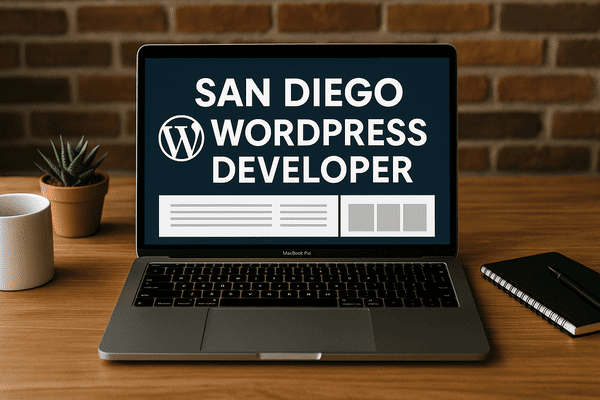 Laptop screen displaying "San Diego WordPress Developer" with workspace background