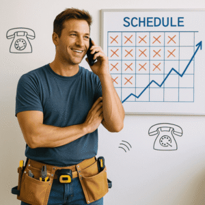 Best way to get handyman leads shown by a smiling handyman in a blue t-shirt and tool belt, talking on the phone in front of a wall calendar with all days booked and a rising graph line.
