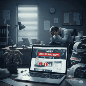 A distressed business owner with their head in their hands, looking at a broken website on a laptop, representing the failure and stress a business faces without professional custom WordPress development.