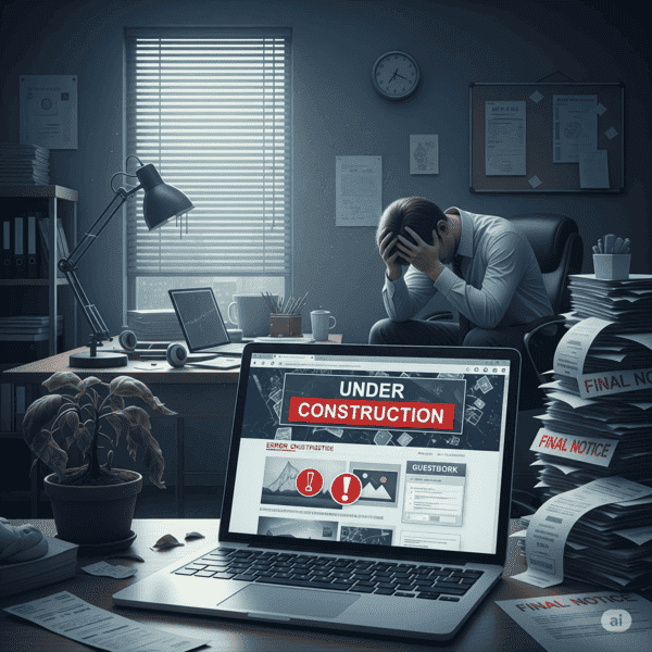 A distressed business owner with their head in their hands, looking at a broken website on a laptop, representing the failure and stress a business faces without professional custom WordPress development.
