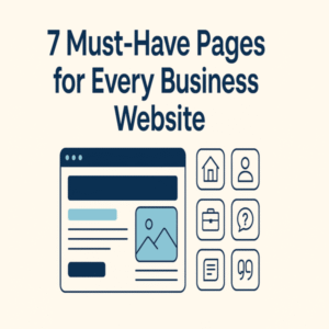 Illustration showing 7 must-have business website pages: Home, About, Services, Contact, FAQ, Testimonials, Blog.