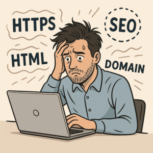 Frustrated man trying to launch business website with thoughts about HTTPS, SSL, SEO