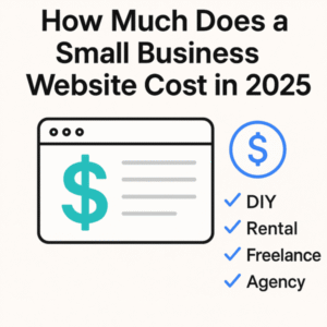 Featured image showing small business website cost options in 2025 with icons for DIY, rental, freelance, and agency. Perfect for article about website cost for small business.