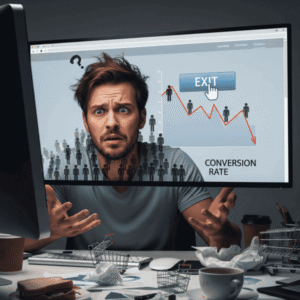 A man looking frustrated and tired, sitting at his desk in front of a laptop showing a graph with a negative conversion rate, illustrating why your website visitors don't become customers.