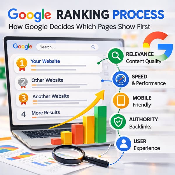 google ranking process diagram showing how google decides which pages rank first in search results
