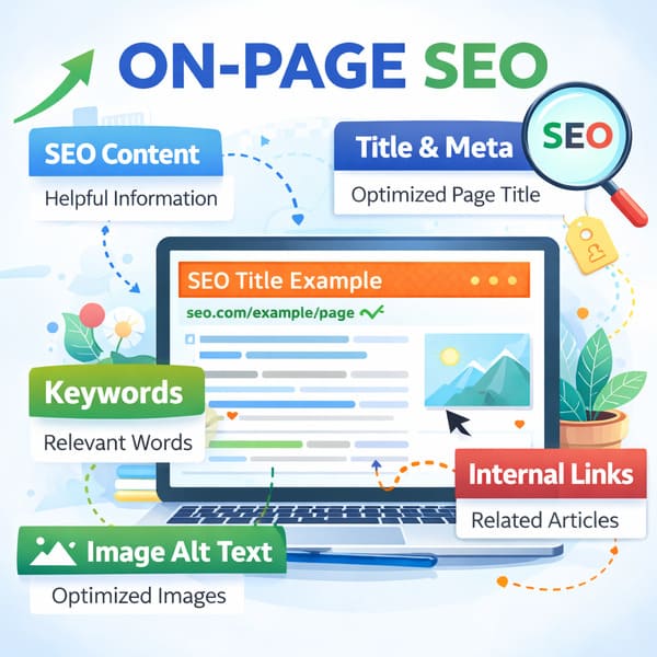 on page seo example diagram showing title meta keywords internal links and image alt text optimization