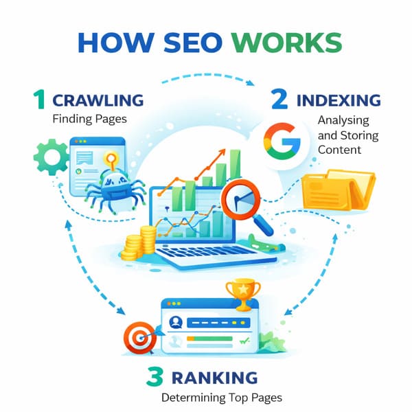 how seo works diagram showing crawling indexing and ranking process in search engine optimization
