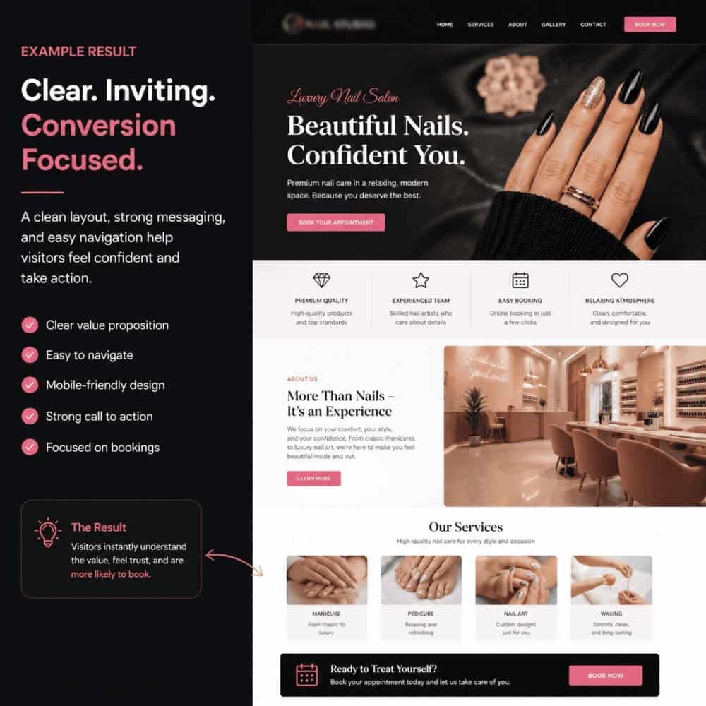 nail salon website homepage with cluttered layout and poor visual hierarchy