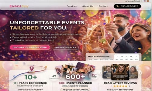 event planning website design with colorful layout, hero banner, and experience statistics section