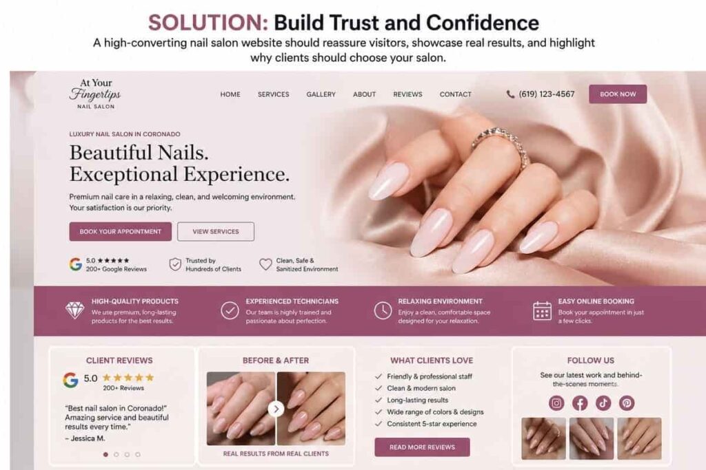 nail salon website design with trust elements reviews before and after and client testimonials
