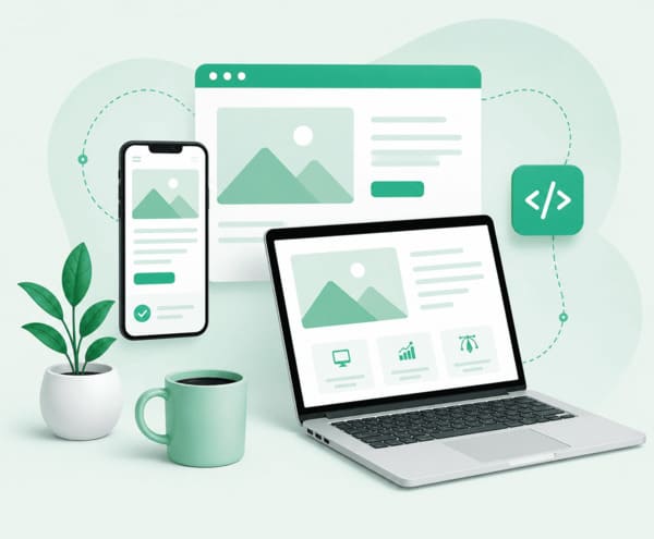 Modern web design service illustration with responsive website design on laptop and mobile devices